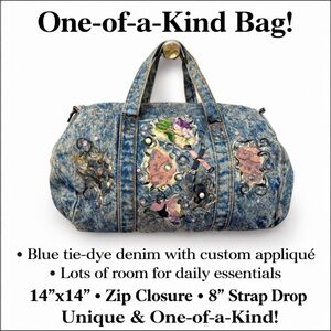 Blue Tie-Dye Denim Bag with Custom Appliqué & Hand Painted One-of-Kind Find: Y2K